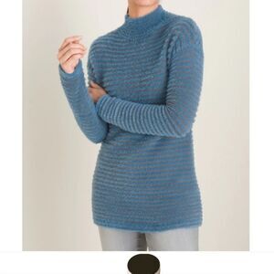 CHICO'S 1 zenergy, fuzzy cozy striped blue/gray sweater. SIZE  Large. Mock Turt.